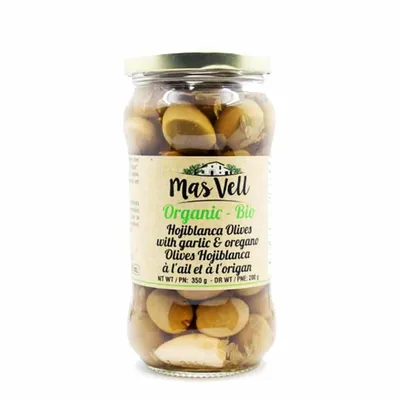 Mas Vell Org. Hojiblanca Olives Garlic & Oregano